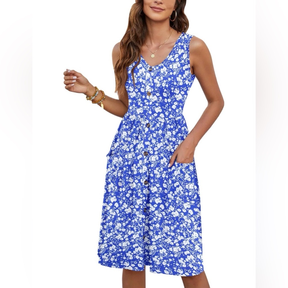 Blue Floral Button-Front Sleeveless Dress - Picture 2 of 7
